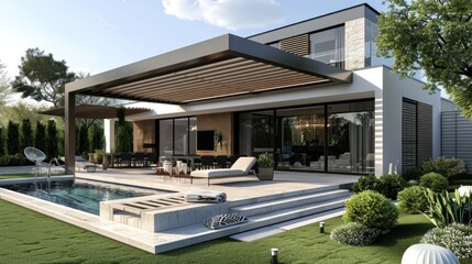 Fototapeta premium A large house with a patio and a pool