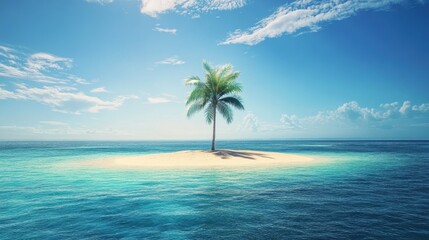 A deserted island with a single palm tree, surrounded by turquoise waters under a clear blue sky