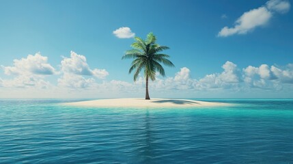 A deserted island with a single palm tree, surrounded by turquoise waters under a clear blue sky