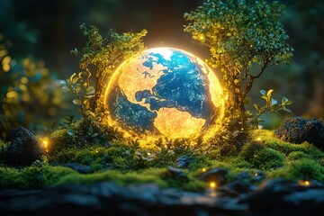Fototapeta premium ethereal glowing earth nestled in lush moss forest bioluminescent plants and creatures surrounding the globe environmental conservation concept with magical realism