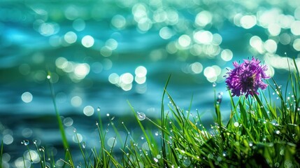 A beautiful river with a lot of purple flowers on the grass