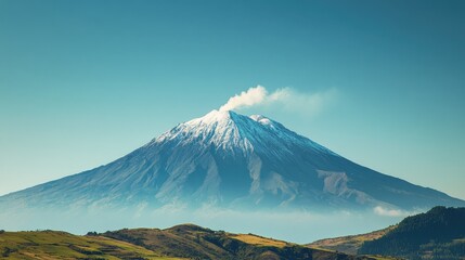 Fototapeta premium A distant view of a snow-capped volcano, with smoke gently rising from its crater under a clear blue sky