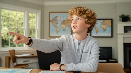 A focused high school boy points at a world map on his wall, displaying his curiosity and engagement with geography in a casual setting