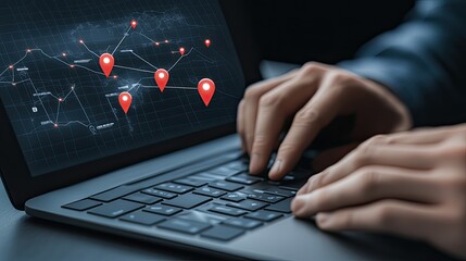 A man is actively typing on a keyboard while a red location pin hovers above an interactive map showing global connections