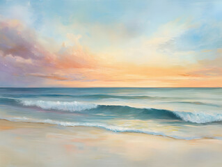 Obraz premium A peaceful beach scene at sunrise with calm waves and pastel-colored skies
