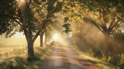 Obraz premium A road in a field with trees and grass