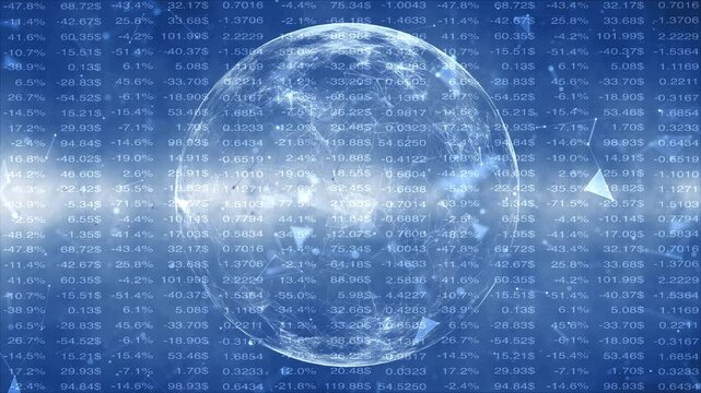 Digital sphere with business spreadsheet data loop animation background.