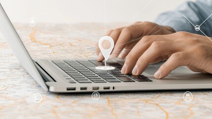 A man is actively typing on a keyboard while a red location pin hovers above an interactive map showing global connections