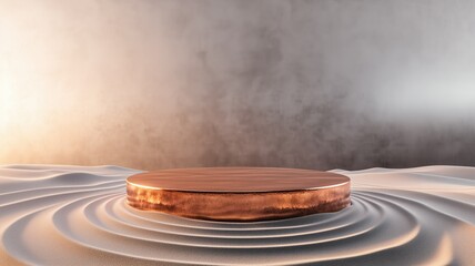Obraz premium A copper podium on concentric sand ripples with a soft, warm glow, ideal for nature-themed or relaxation-focused product displays. High quality illustration.