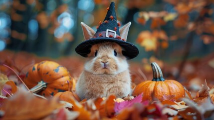 Adorable bunny wearing a witch hat surrounded by pumpkins and autumn leaves.