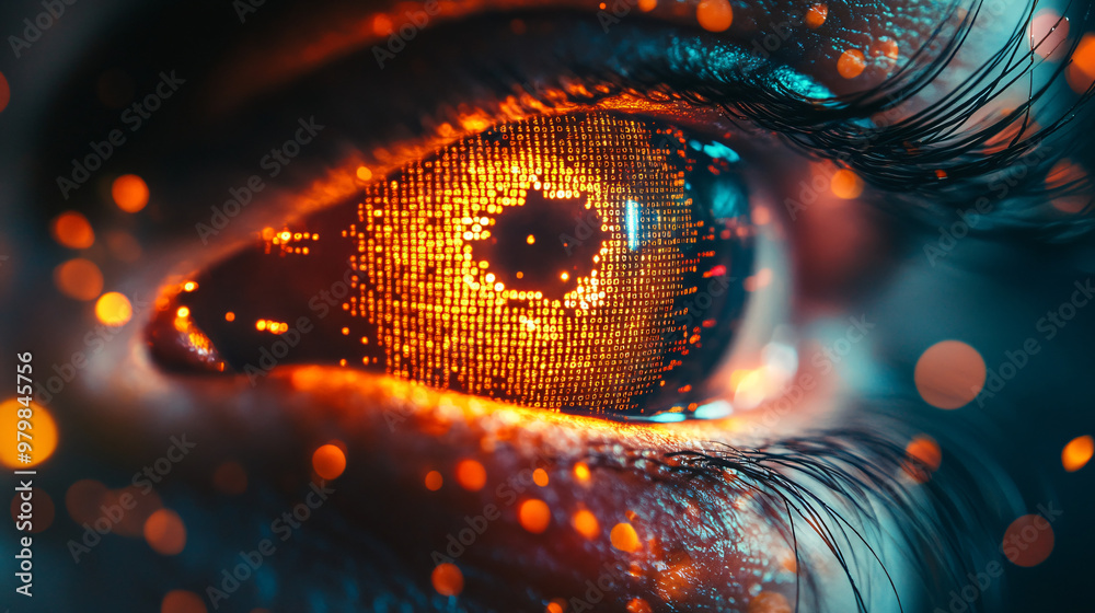 Poster Futuristic vision and mesmerizing binary code reflections: the captivating human eye connecting to the digital future