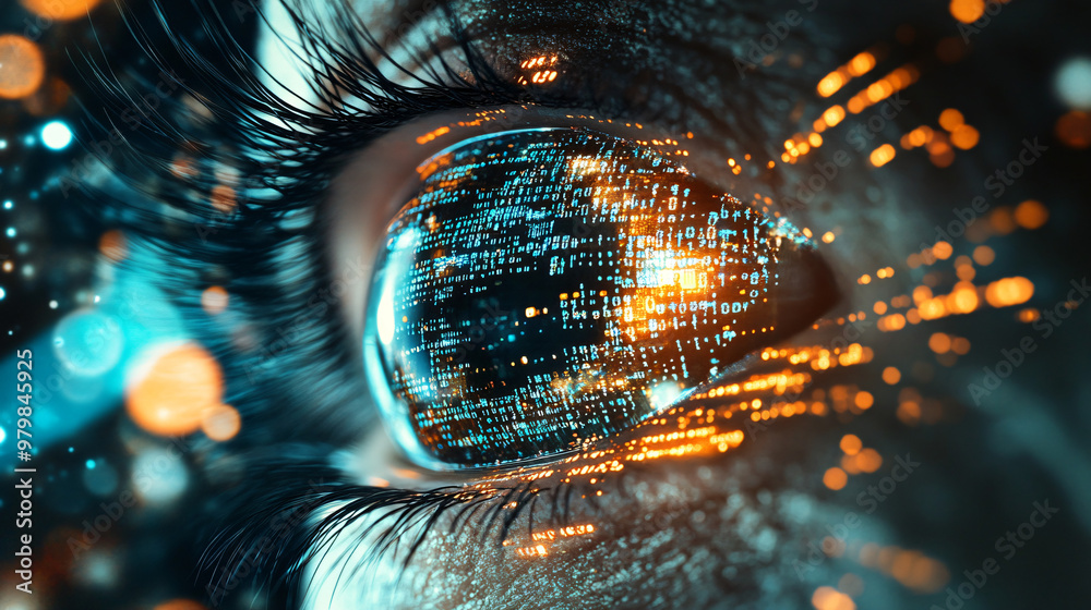 Poster close-up human eye reflecting digital data, symbolizing cutting-edge technology and innovation, with