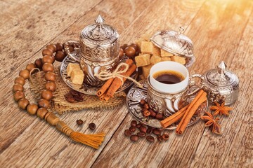 Turkish Tea or coffee Breakfast Photo with sweets