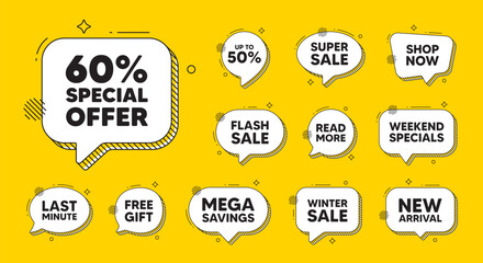 Obraz premium Offer speech bubble icons. 60 percent discount offer tag. Sale price promo sign. Special offer symbol. Discount chat offer. Speech bubble discount banner. Text box balloon. Vector