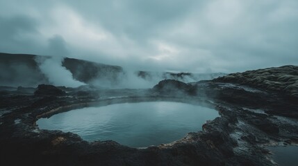 Obraz premium A geothermal hot spring surrounded by volcanic rocks, with steam rising into the air on a cloudy day