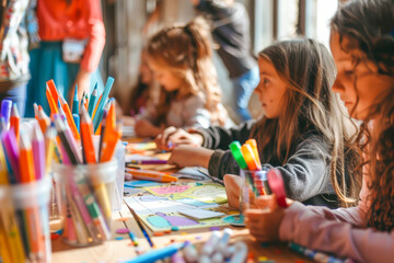 Children engaged in creative coloring activity