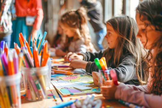 Children engaged in creative coloring activity