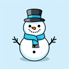 dorable cartoon snowman wearing a top hat and blue scarf, standing on a light blue background. Perfect for winter and holiday designs