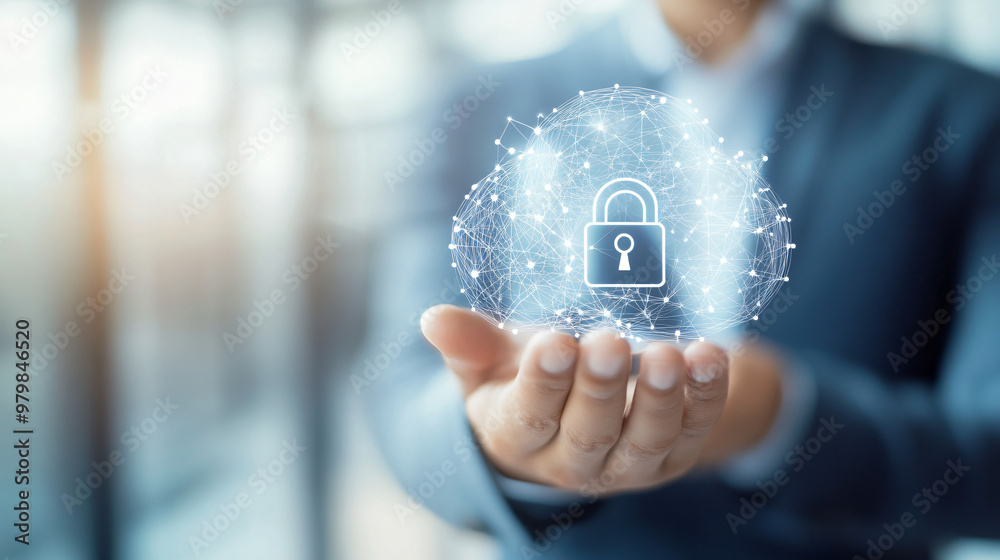 Poster businessman showcasing secure cloud computing with a padlock icon, representing data security and cy