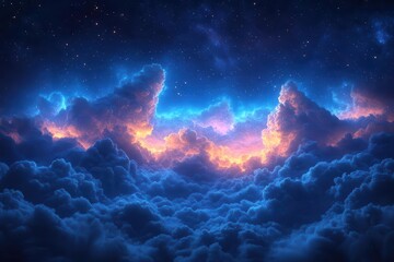 ethereal night sky filled with fluffy illuminated clouds dreamy atmosphere with dark blue backdrop dotted with twinkling stars evoking wonder and mystery