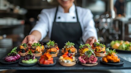 Obraz premium Vegan chef presenting a colorful array of appetizers at a modern restaurant