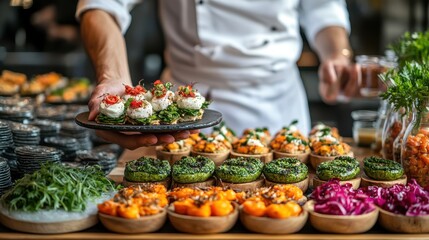Obraz premium Vegan chef presenting a colorful array of appetizers at a modern restaurant