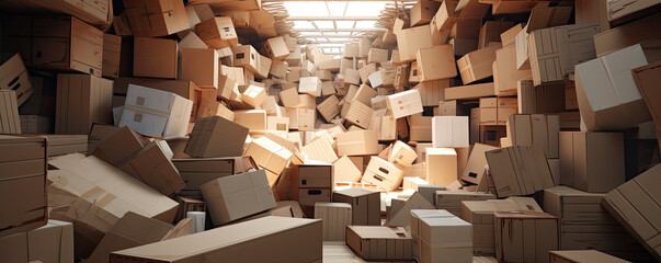 A pile of diverse unnamed boxes in small warehouse.