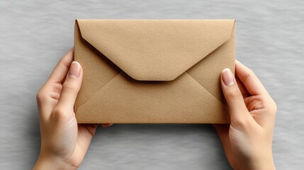Fototapeta premium hand holding brown and white blank envelope and card on background