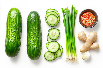 Various fresh vegetables and ingredients like cucumber, garlic, ginger, and green onions for Korean kimchi