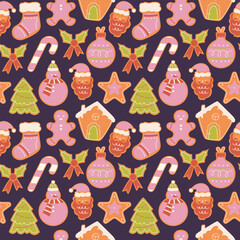 Festive Christmas gingerbread icing seamless pattern on dark background