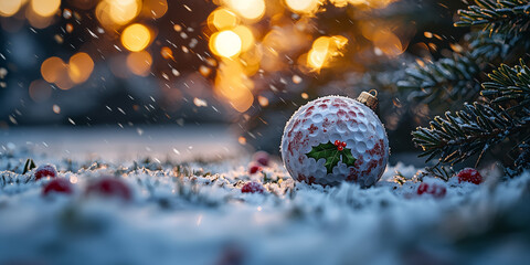A Christmas-themed golf ball, which looks like a snowball with holly leaves on it