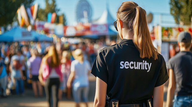 Woman security officer monitoring the crowds at a bustling amusement park midway