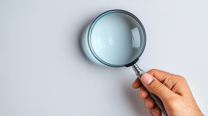 Hand holding magnifying glass on white background