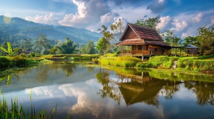 Naklejka premium A small house with a porch sits on a lake