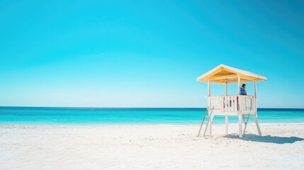 Fototapeta premium A lifeguard stand on a sunny beach, with the vibrant sea in the background and a clear blue sky above