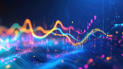 Fototapeta premium A modern digital graph displaying economic growth trends over time, with colorful lines rising and falling on a blue background