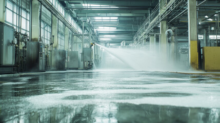 factory is undergoing thorough cleaning process, with water and foam being sprayed across shiny floor. industrial environment is well lit, showcasing machinery and equipment