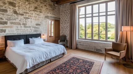 This cozy bedroom features a black brick wall, velvet details, and a tall arched window, creating a luxurious ambiance in an old medieval castle