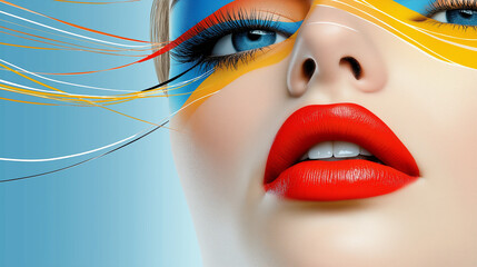 A girl with a pop art aesthetic, her expression mischievous, with bright lipstick and colorful eyeshadow, framed by dynamic lines and comic-inspired patterns, pop art, retro, vibra