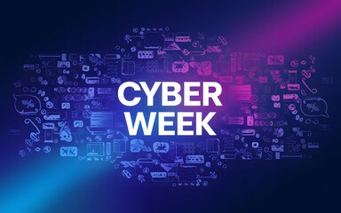 Cyber Week Dynamic Background with Floating Shopping Icons and Discounts , Generative-AI
