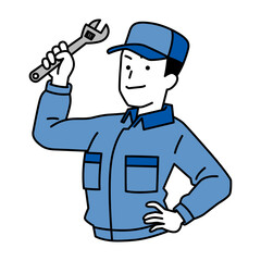 モンキーレンチを構えるつなぎ作業服の男性