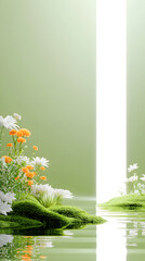 Green background, water surface with moss and flowers on the edge. White translucent glass in front of the water, white vertical line falling from top to bottom. 