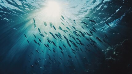 Naklejka premium A school of fish swimming in perfect harmony, creating mesmerizing patterns beneath the surface of the sea