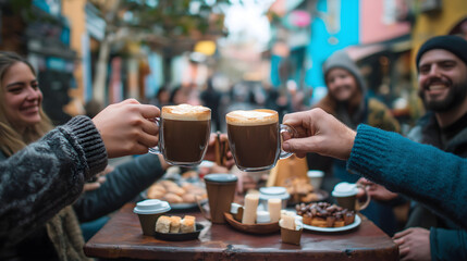 A group of friends toast with cups of coffee outdoors and share a joyful moment with pastries on the table. The scene captures social connection and relaxation in a cozy street setting.