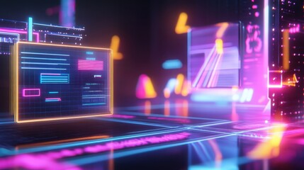 A Black Friday retro-themed graphic with bright neon signs, discount labels, and a dark, 80s nightclub-inspired background.