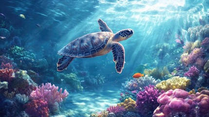 Obraz premium A sea turtle swimming gracefully in shallow waters above a vibrant coral reef, bathed in soft sunlight from above
