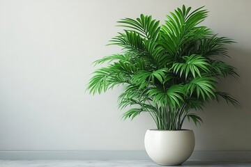 Obraz premium exotic potted palm in minimalist ceramic vase crisp white backdrop clean lines vibrant green fronds modern interior design aesthetic