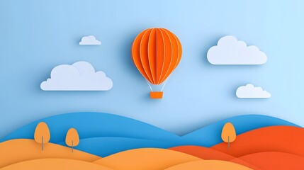 A paper-cut style depiction of an orange hot air balloon floating over rolling hills, with trees and clouds in the sky