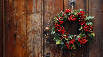 Close up of a festive mistletoe wreath on a wooden door at Christmas