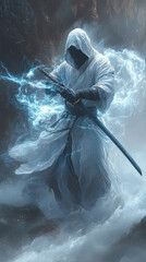 A hooded warrior conjures electric energy with a katana amidst swirling mist in an ethereal landscape at dusk